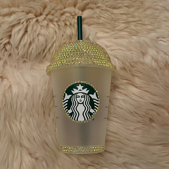 NWOT CustomStarbucks Yellow Bling Rhinestone Glittering Tumbler with Green Straw - Picture 2 of 2